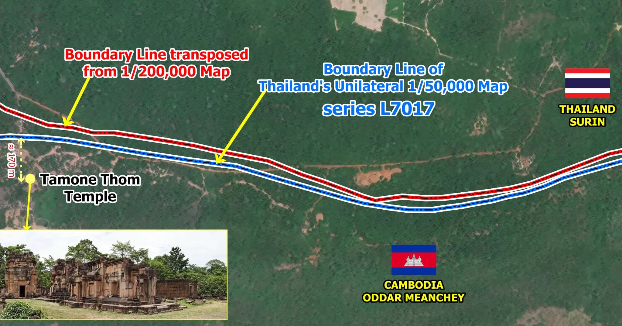 មន្ត្រីរដ្ឋលេខាធិការដ្ឋានកិច្ចការព្រំដែន៖ ប្រាសាទតាមាន់ធំស្ថិតក្នុងទឹកដីកម្ពុជាបើយោងតាមផែនទីមាត្រដ្ឋាន ១/២០០ ០០០ និងកំណត់ហេតុ (PV) បោះបង្គោលរបស់គណៈកម្មការឥណ្ឌូចិន-សៀម ឆ្នាំ១៩០៨ និង ១៩១៩ និងយោងតាមផែនទី L7017 មាត្រដ្ឋាន ១/៥០ ០០០ ដែលថៃគូសដោយឯកតោភាគី(English Version)